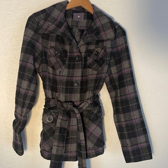 Preppy Goth Purple Black Plaid Wool Belted Coat Large Academia Twee School Fall - Picture 1 of 7